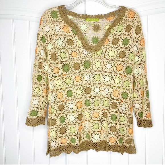 Sigrid Olsen Sweaters - Crochet Sweater Vintage Granny Square Green Brown Orange XS Cottagecore